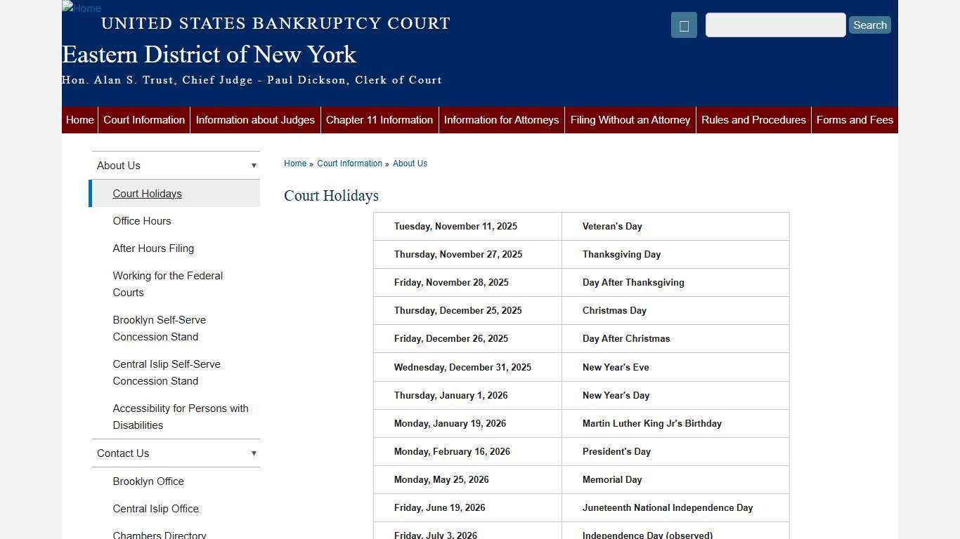 Court Holidays Eastern District of New York United States Bankruptcy Court