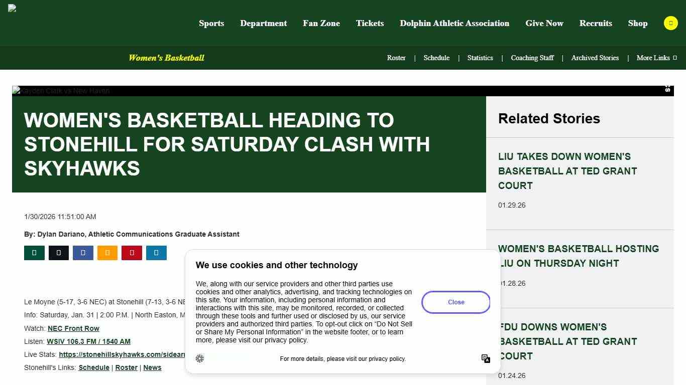 WOMEN'S BASKETBALL HEADING TO STONEHILL FOR SATURDAY CLASH WITH SKYHAWKS - Le Moyne College Athletics